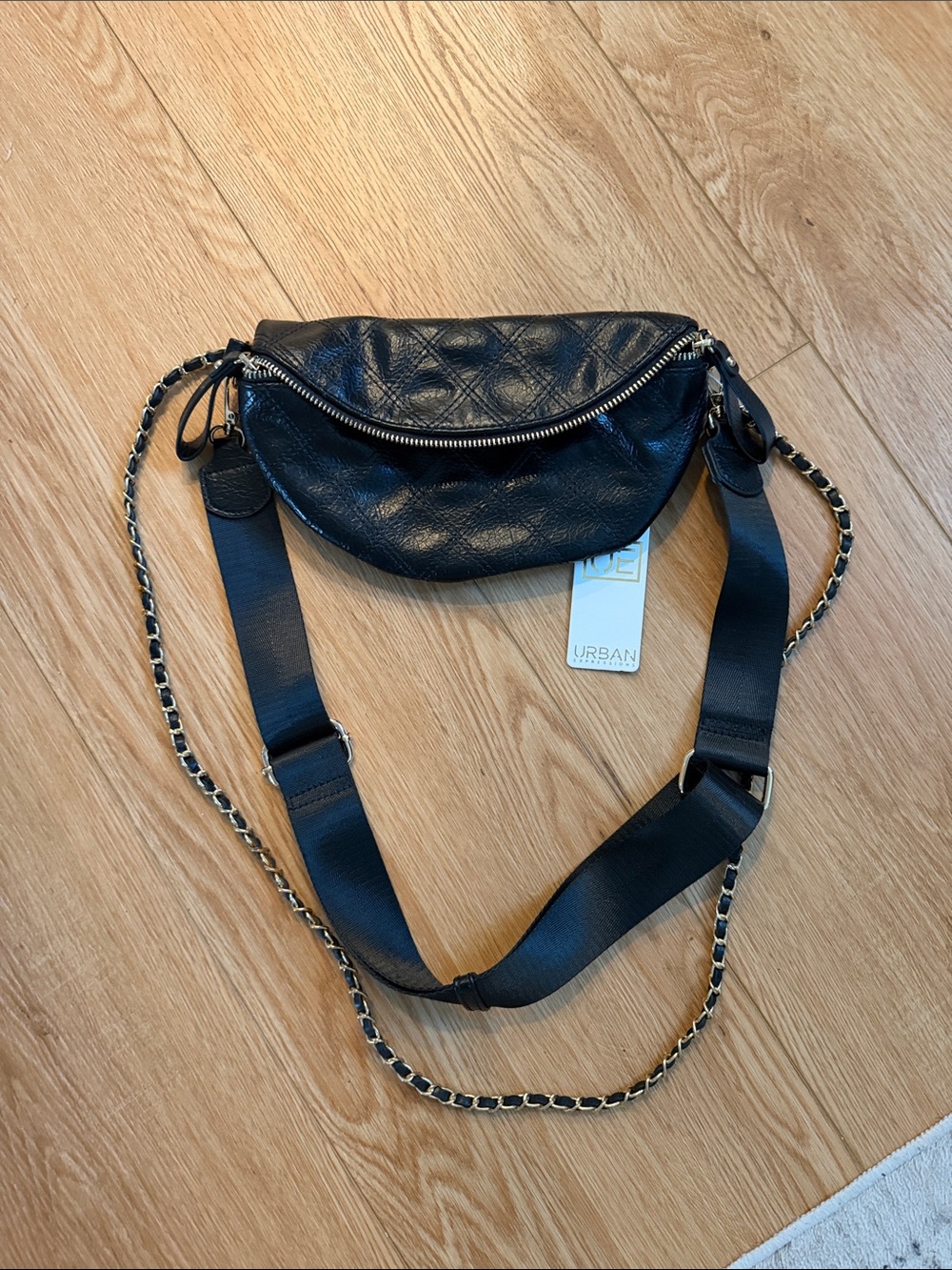 Urban Expressions Black Quilted Crossbody Belt Bag with Chain-Detail Strap